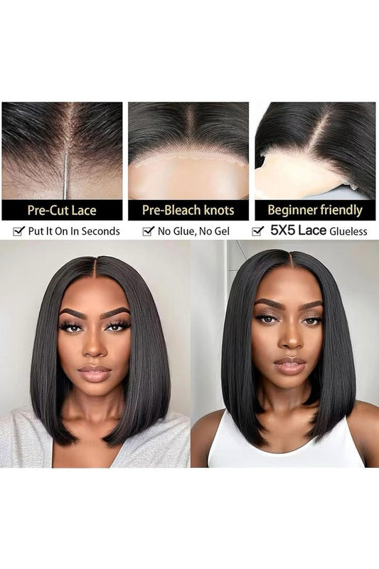 Double Drawn Glue-less Pre- Bleached Bob 8 Inch - 14 Inch With 5 X 5 Closure Remorehair