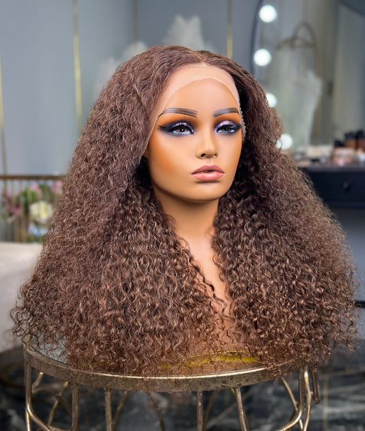 Chocolate Brown Glueless Front Water Curly 24 Inch