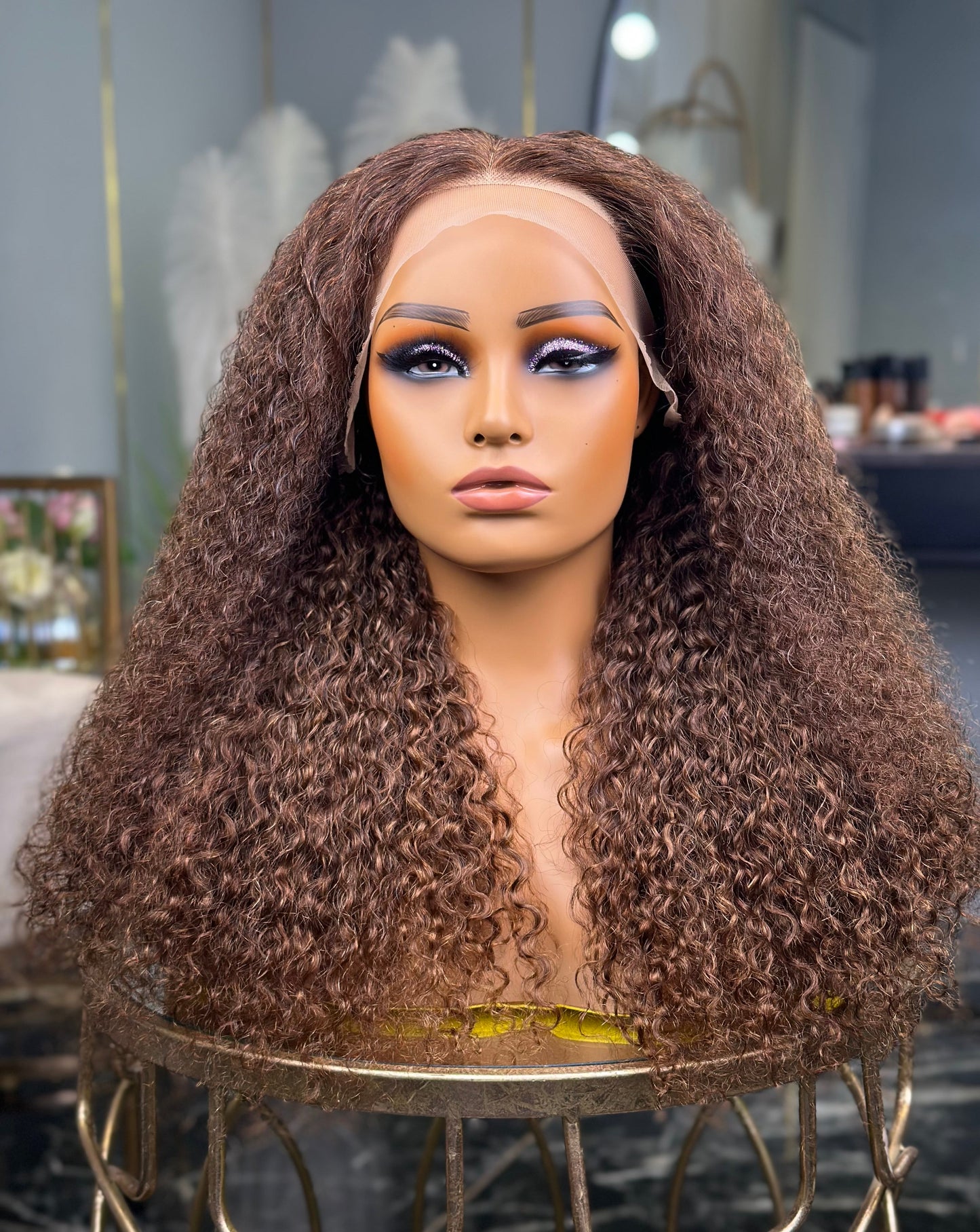 Chocolate Brown Glueless Front Water Curly 24 Inch