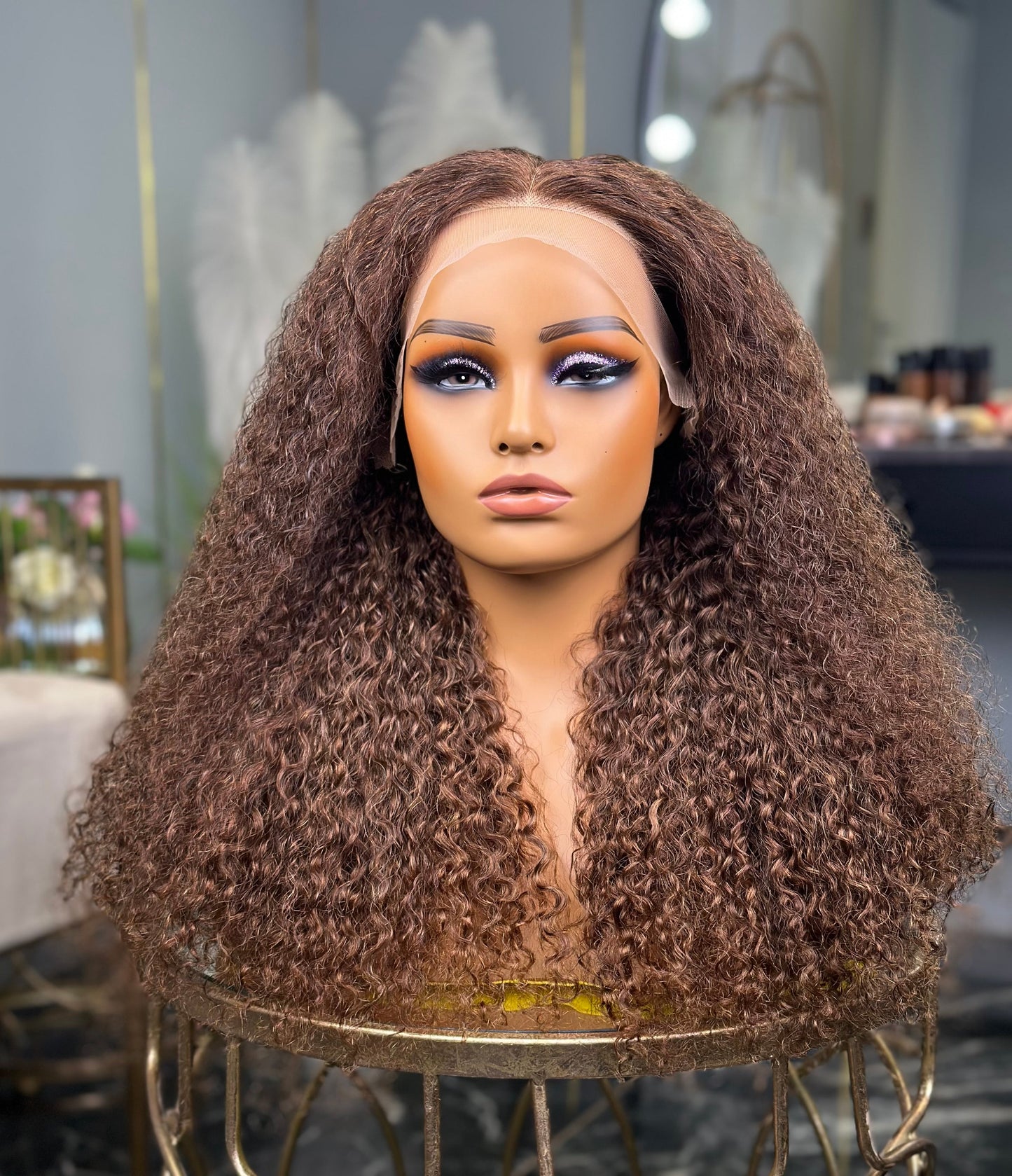 Chocolate Brown Glueless Front Water Curly 24 Inch