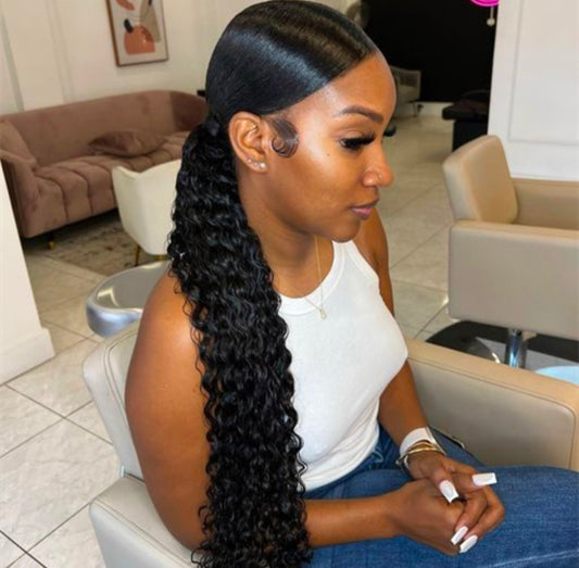 Human Hair 3D Sleeve Drawstring Water Curly Ponytail Extension Remorehair