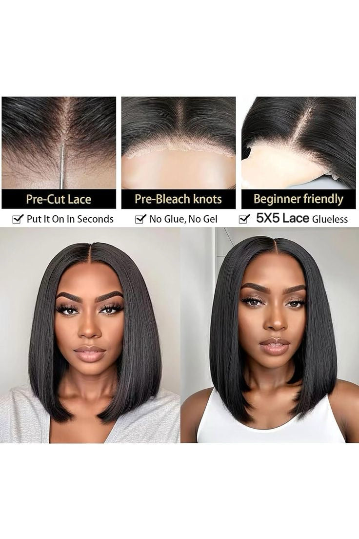 Double Drawn Glue-less Pre- Bleached Bob 8 Inch - 14 Inch With 5 X 5 Closure Remorehair
